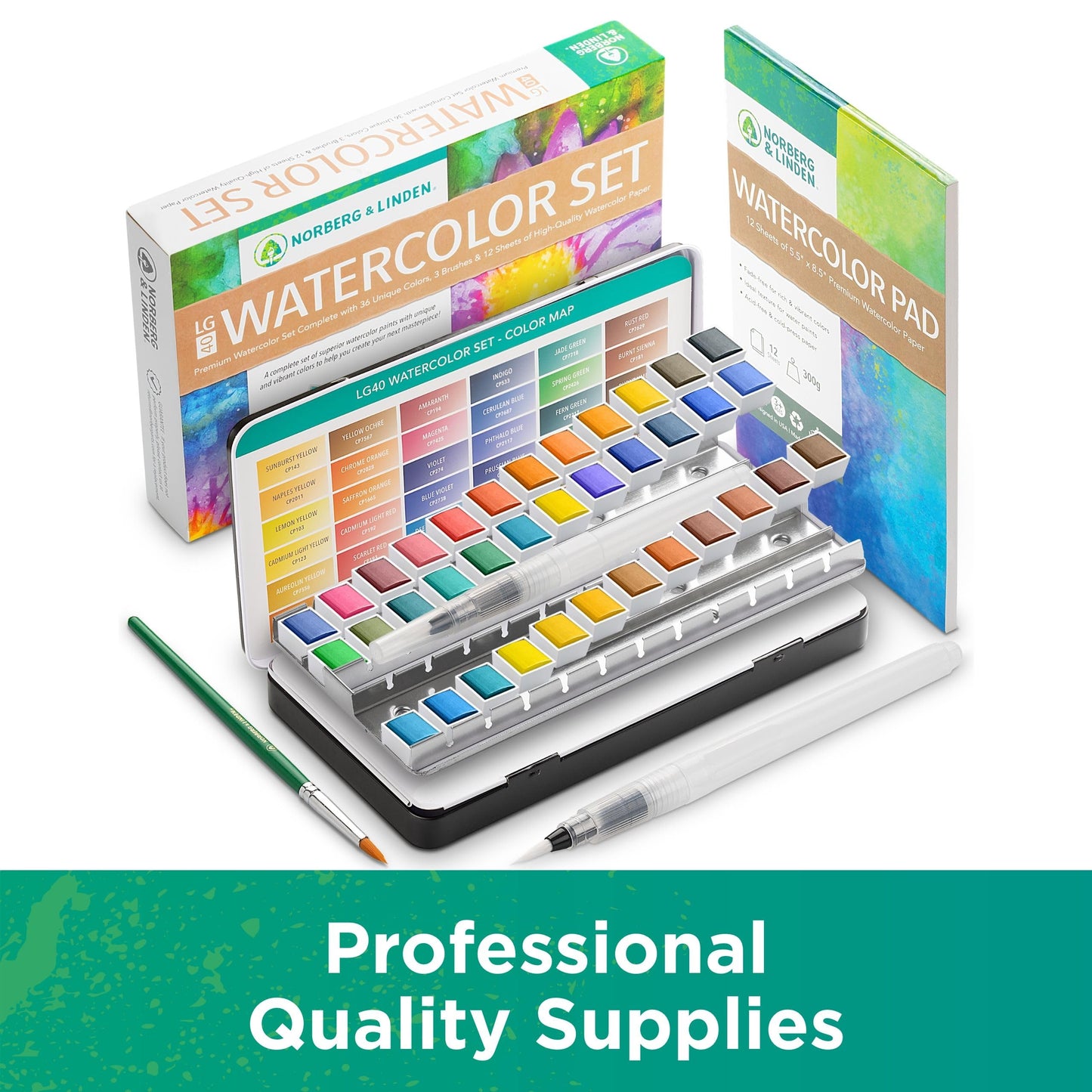 Norberg & Linden LG Watercolor Paint Set – 36 Half-Pan Colors, 12-Sheet Paper Pad, 3-Piece Brush Set
