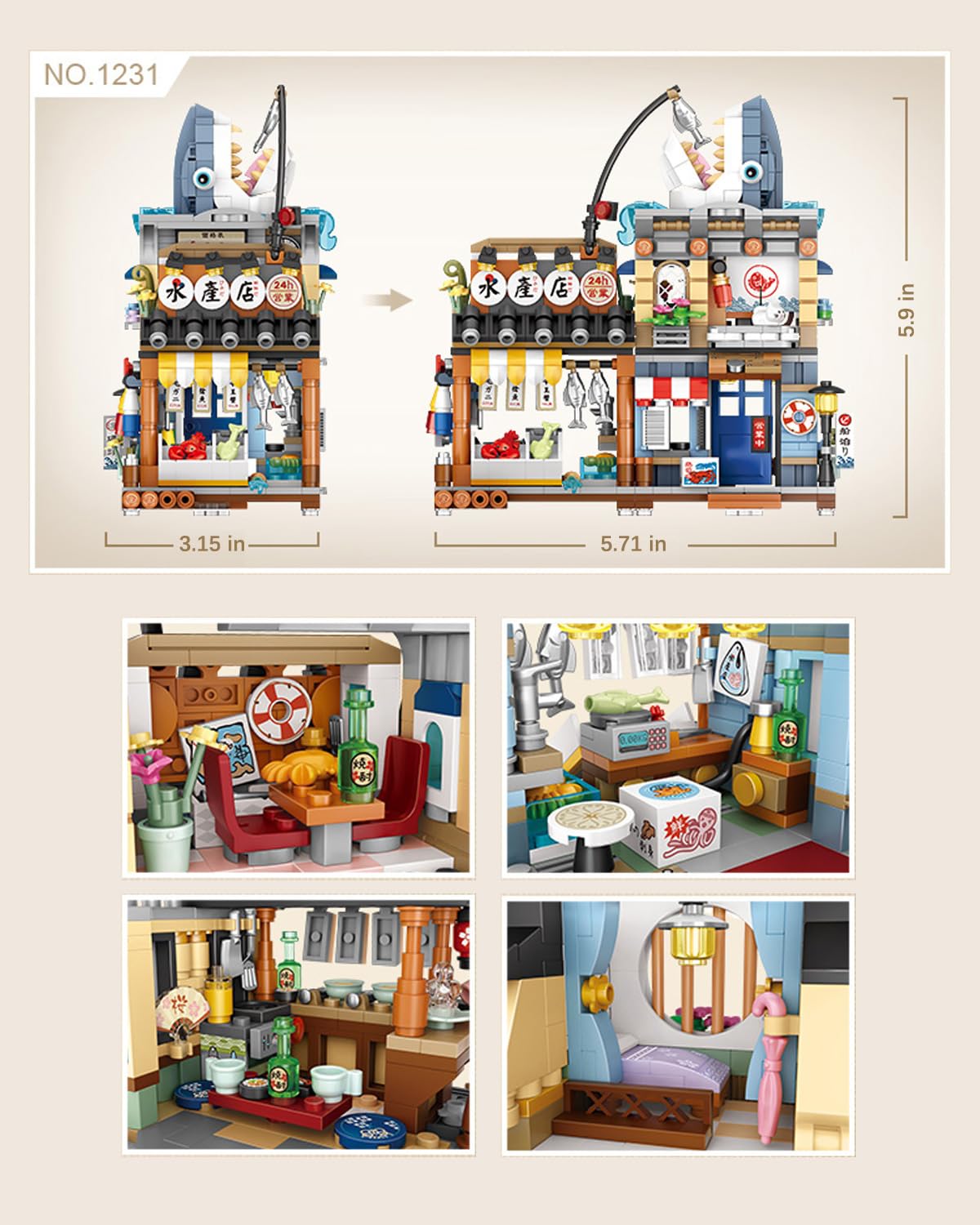 Noziaa Japanese City Street View Seafood Store Mini Blocks – 790 pcs
