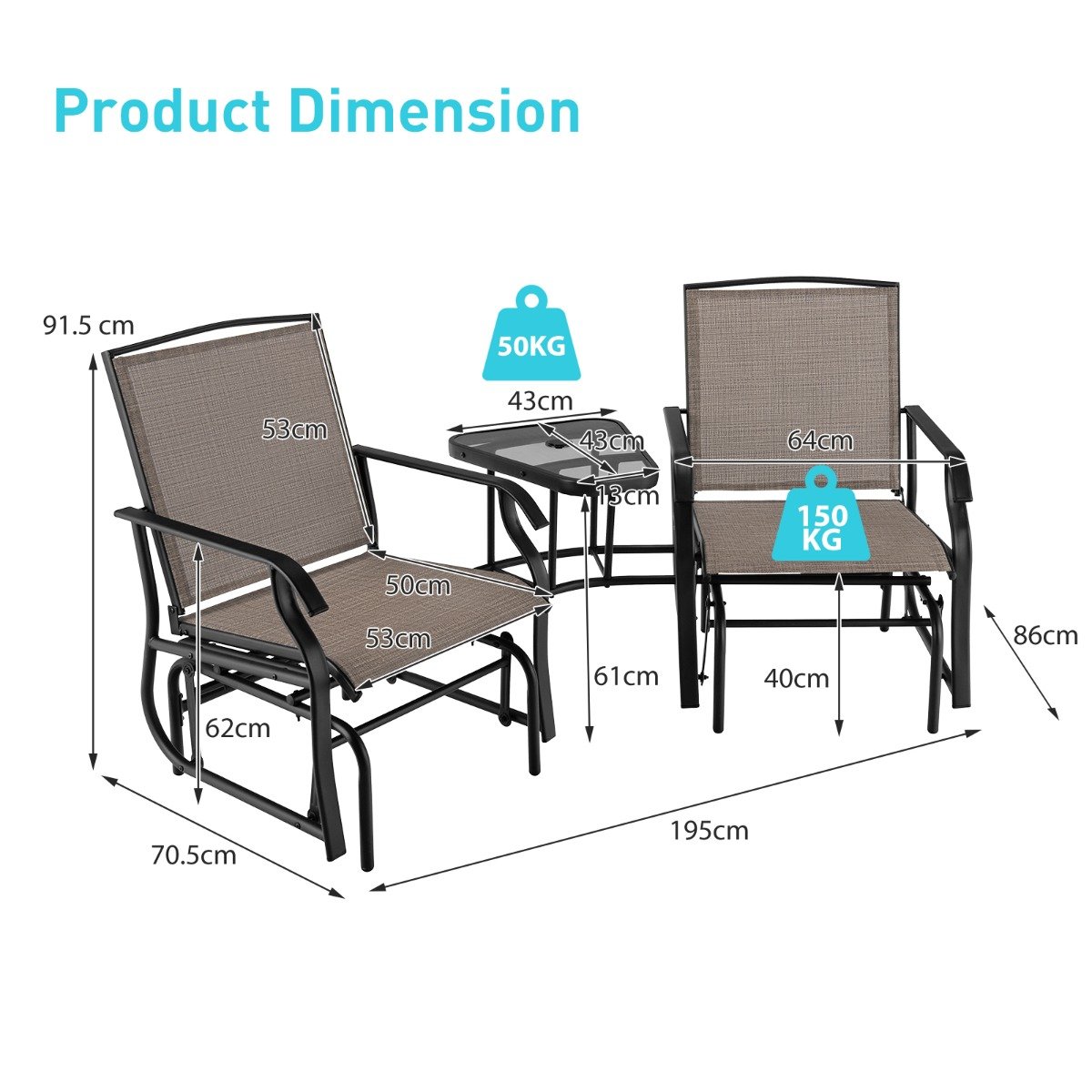 Outdoor Double Swing Glider Chair with Table and Umbrella Hole-Black