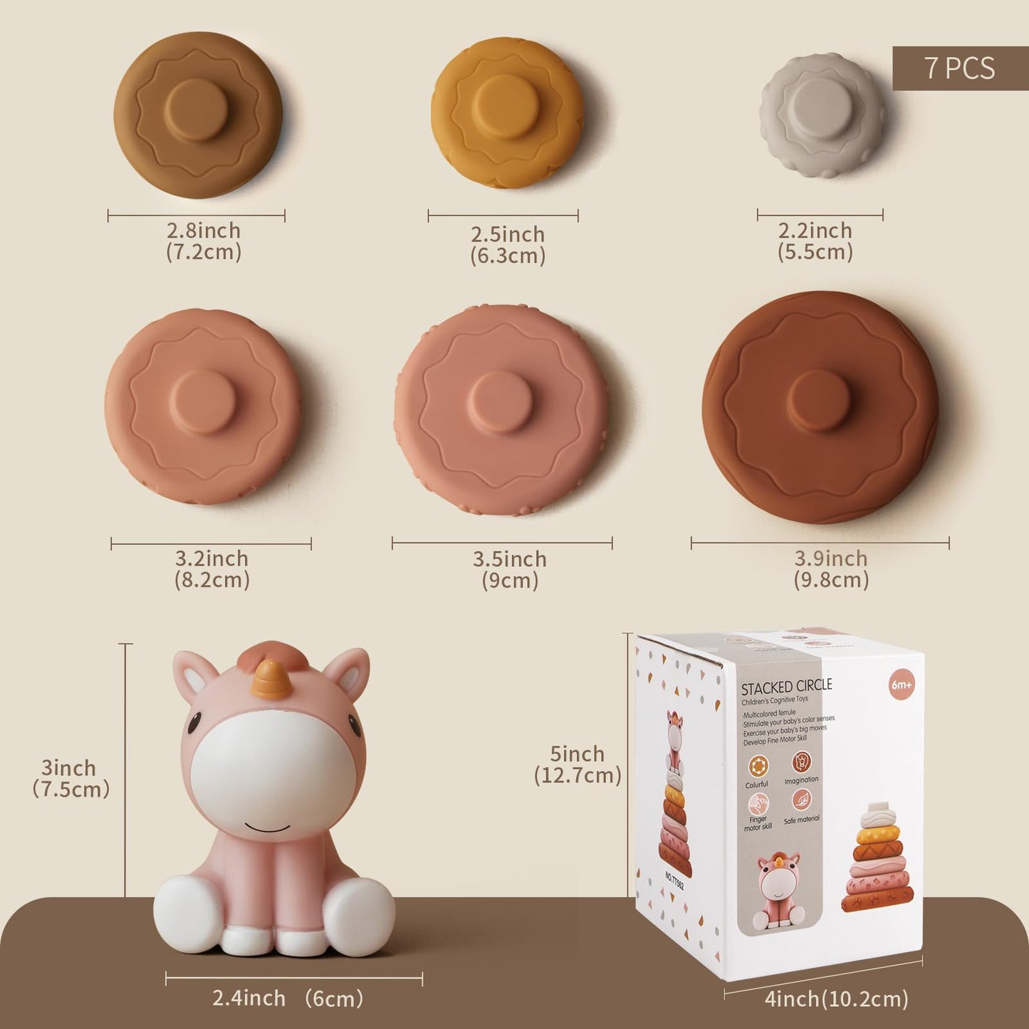 Nueplay Stacking Rings Toy for Baby Girls – 6 Textured Rings & Unicorn Topper