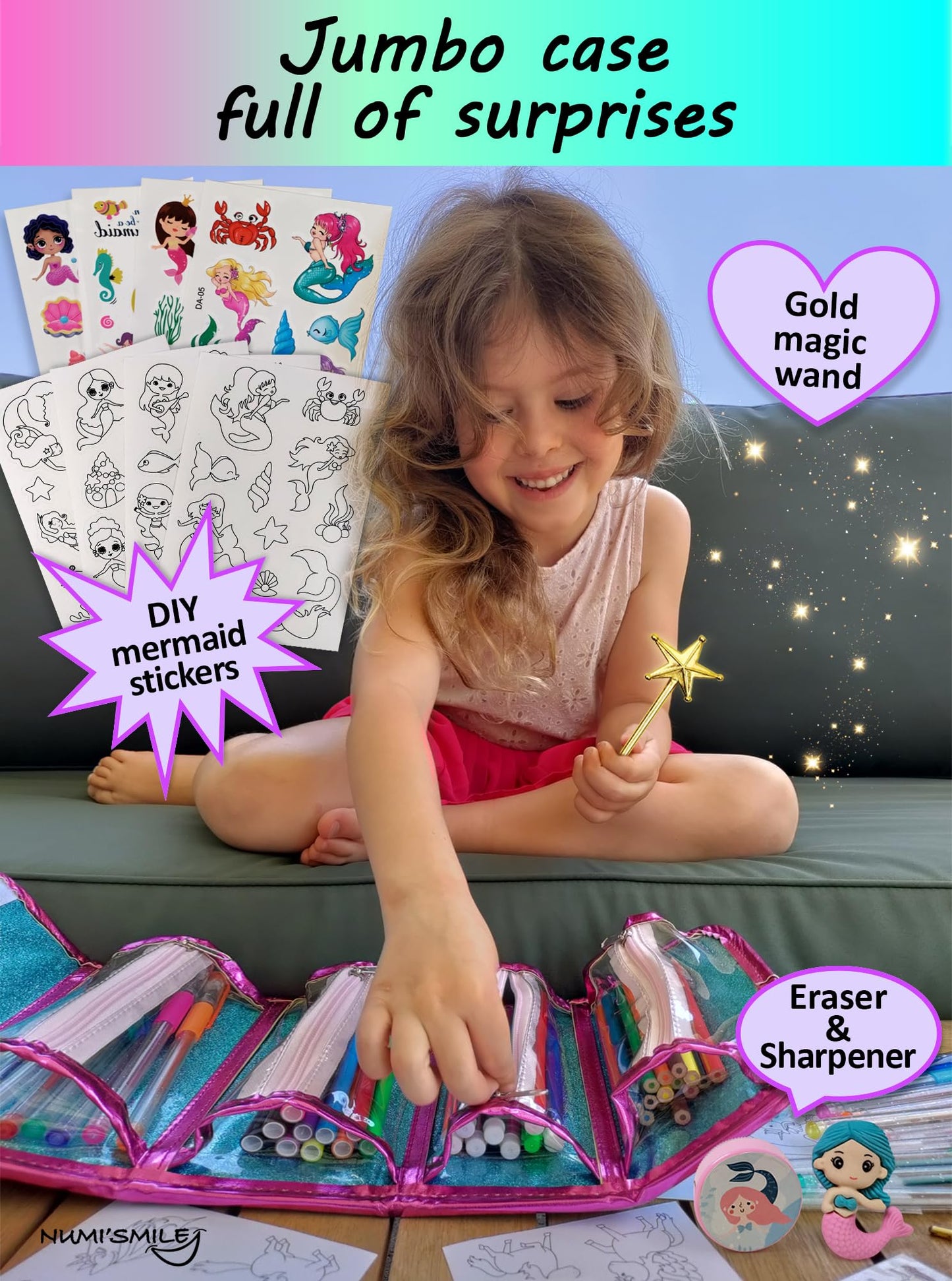 NUMI'SMILE Mermaid Pencil Case With Fruit Scented Markers – Art Set for Girls Aged 3-10