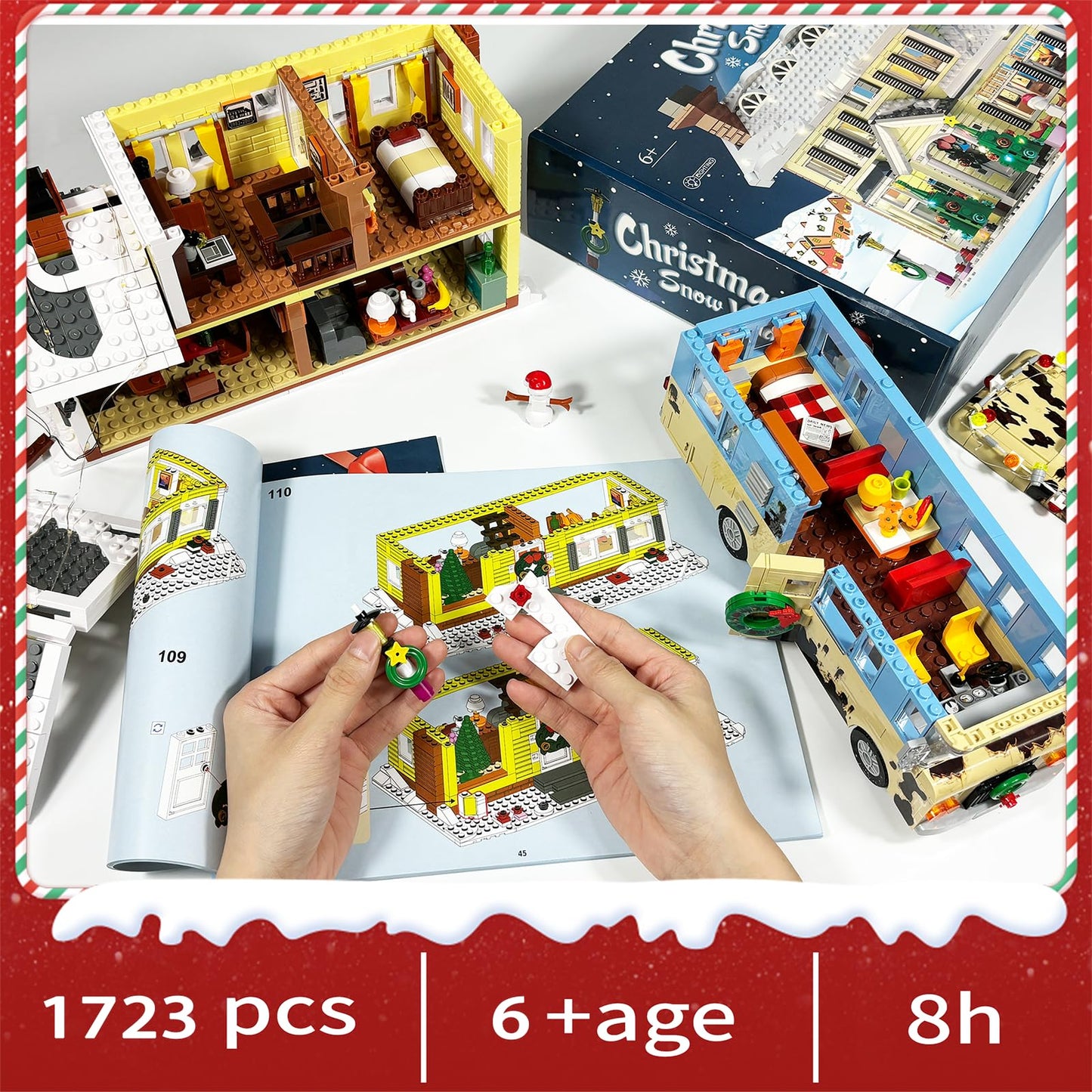 Nutain Snow Village & RV Building Set with LED Lights – 1726 PCS, 2-in-1 Christmas House & RV Gift