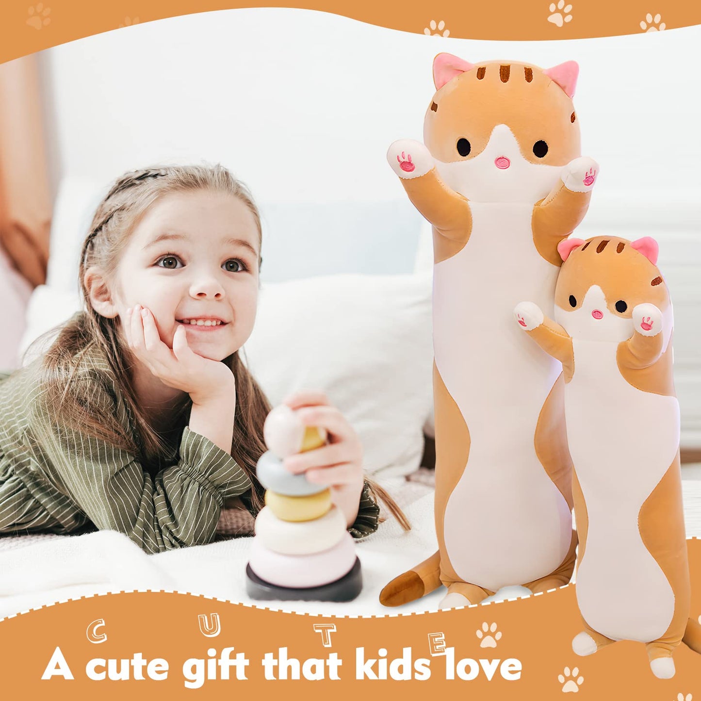 NXNYNZ Long Cat Plush Pillow – 51in Yellow Kawaii Cat Body Pillow