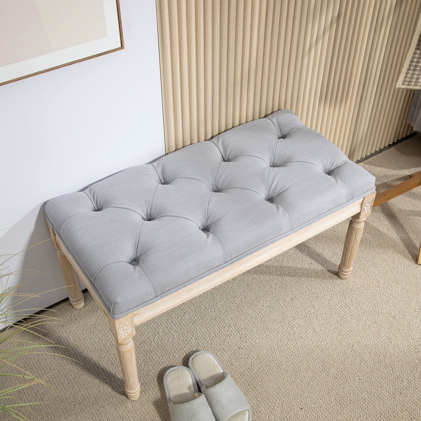 HOMCOM End of Bed Bench Tufted Upholstered Foot Stool, Light Grey