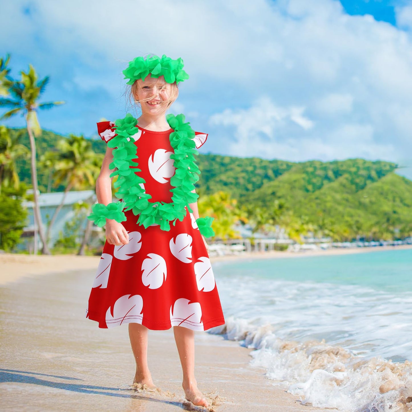 Obavioy Hawaiian Little Girls Costume Dress + Luau Accessories – 5-6 Years