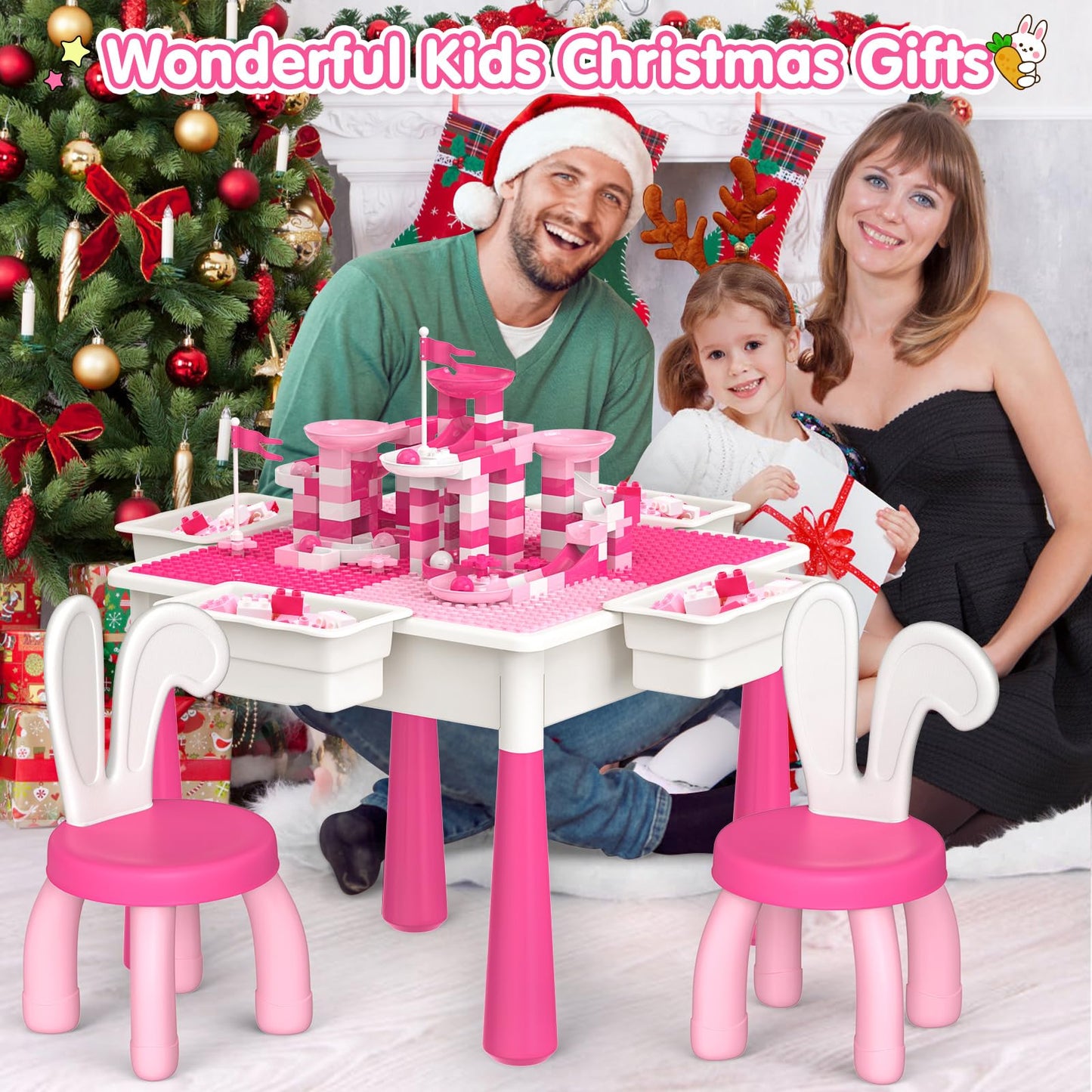 OCATO Kids Table and Chair Set – Water & Sand Table with 152 Blocks, 2 Rabbit Chairs, and Storage Bins