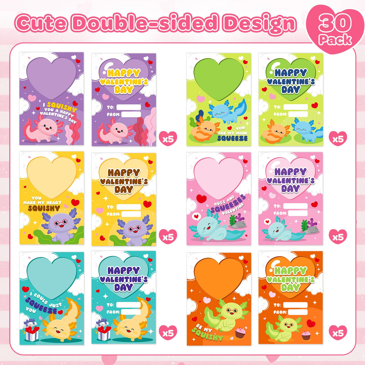 OCHIDO 30-Pack Valentines Day Cards & Axolotl Squeeze Toys for Kids – Classroom Gifts