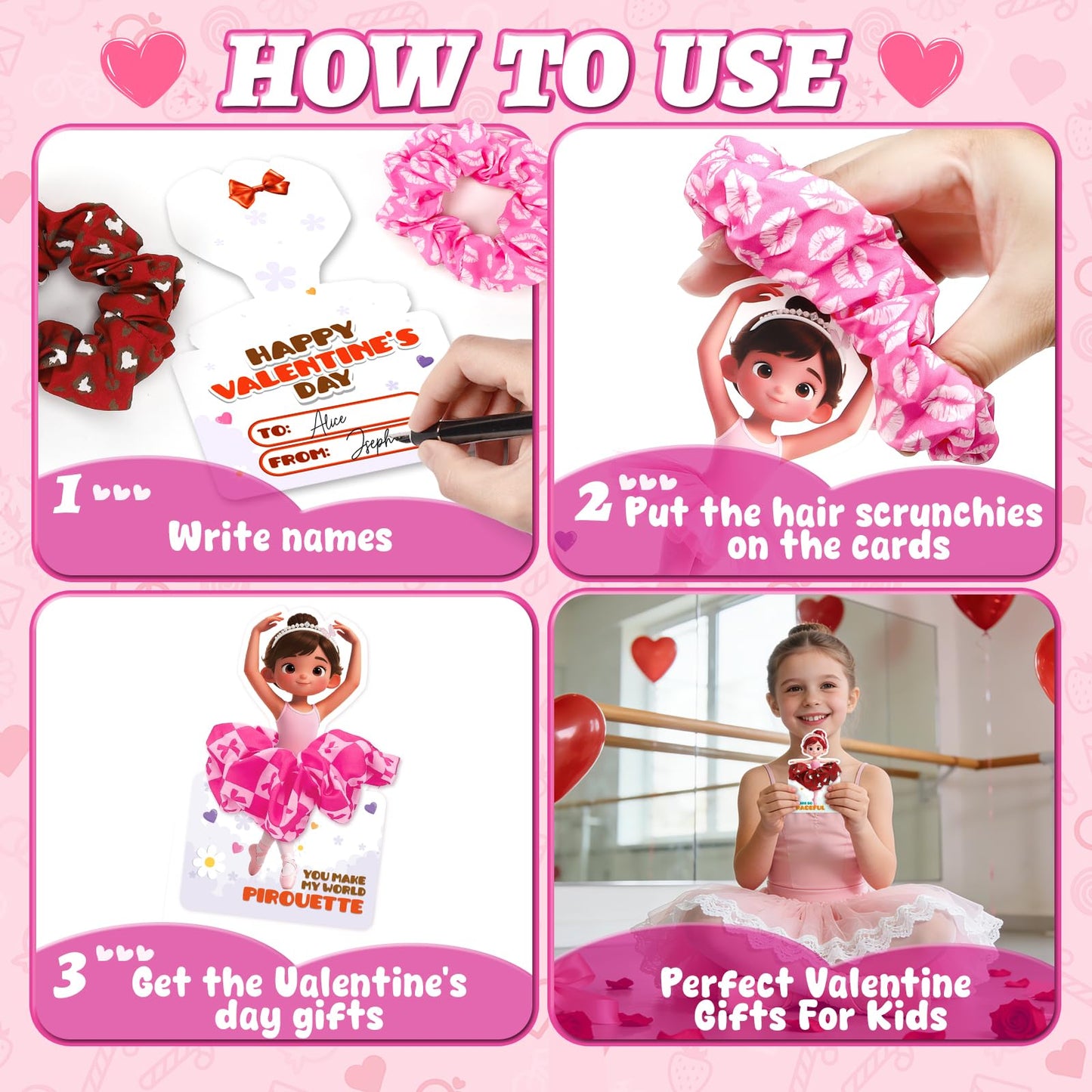 OCHIDO 24 Pack Valentines Day Gifts for Kids — Ballet Cards & Hair Scrunchies for Class Exchanges