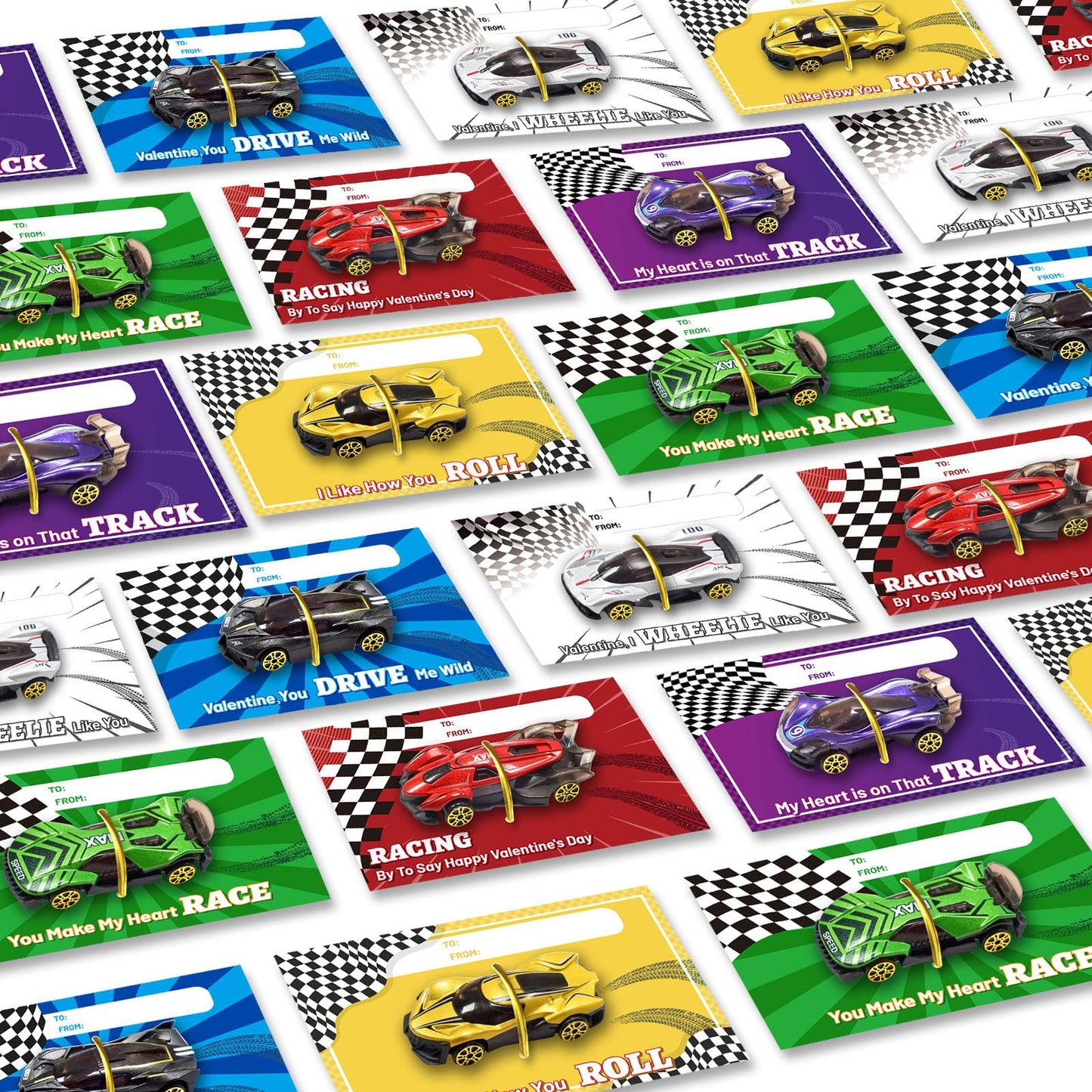 OCHIDO Valentines Day Cards with Die-Cast Racing Cars — 24 Pack for Kids