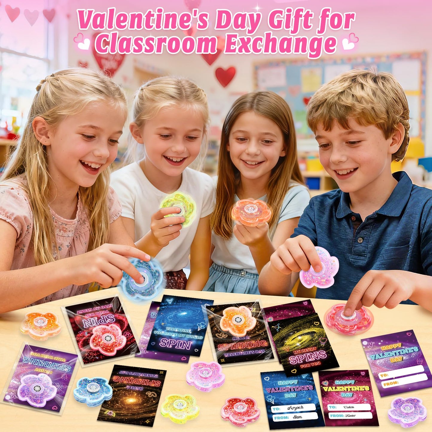 OCHIDO 24-Pack Valentines Day Cards with Fidget Spinner – Classroom Gift Set