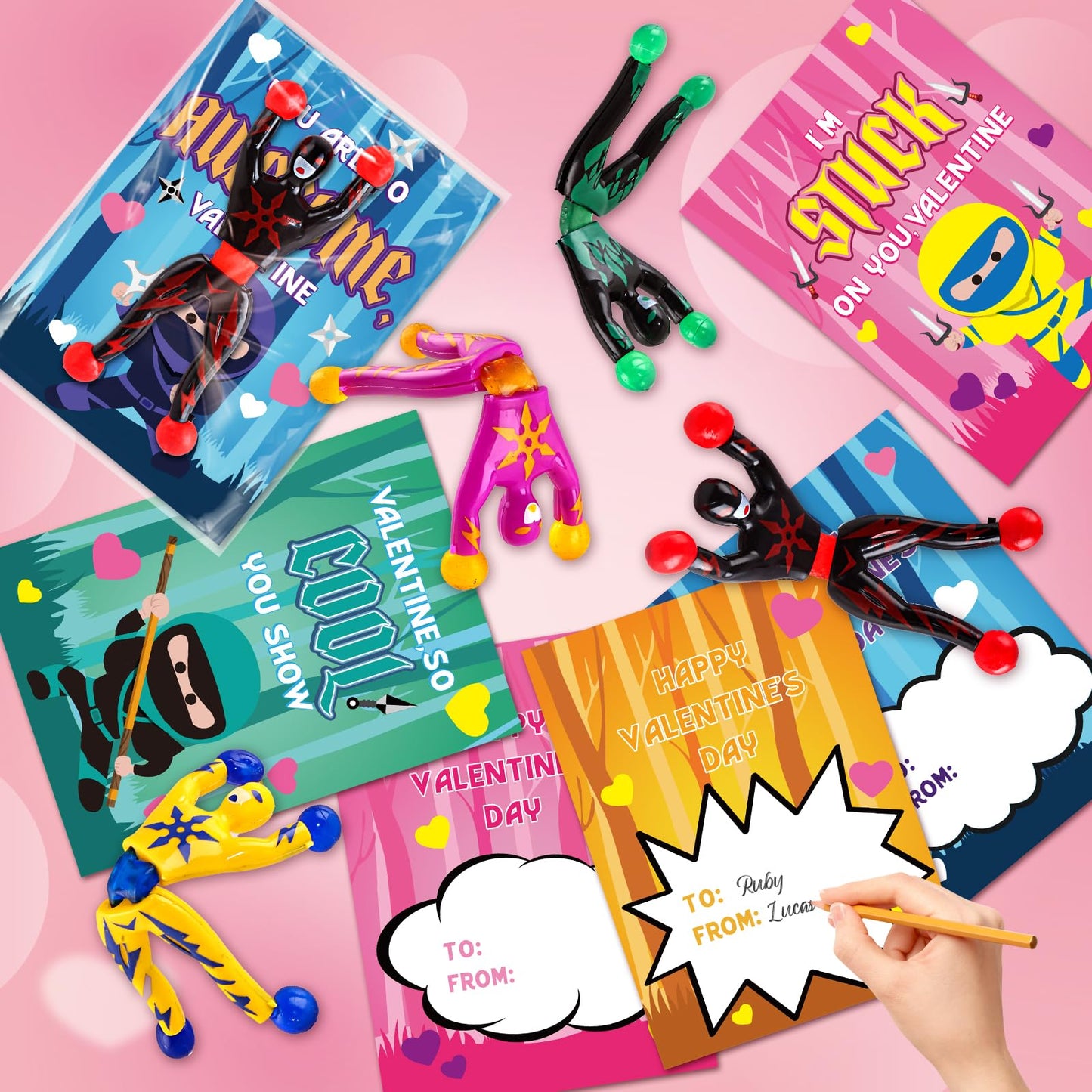OCHIDO 28-Pack Valentines Cards for Kids with Sticky Wall Climbing Ninja Toys – Classroom Gifts & Party Favors