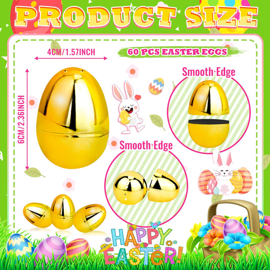 OCTERIC 60 Pcs Shiny Golden Easter Eggs Bulk – 2.3in Fillable Eggs for Hunts & Party Favors