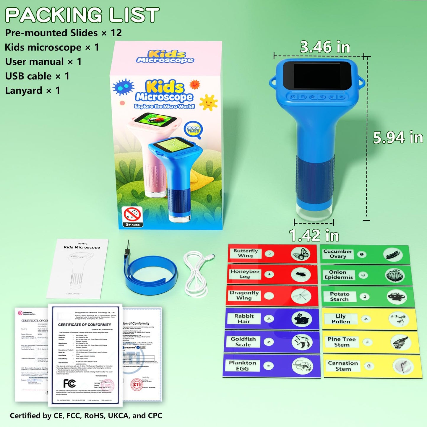 Odatay Microscope for Kids - 100X-1000X 1080P Handheld Microscope with 12 Slides - Portable Blue