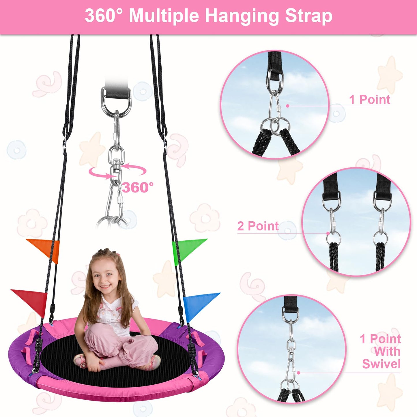 Odoland 40in Saucer Tree Swing – 660lb Capacity Pink Outdoor Kids Swing