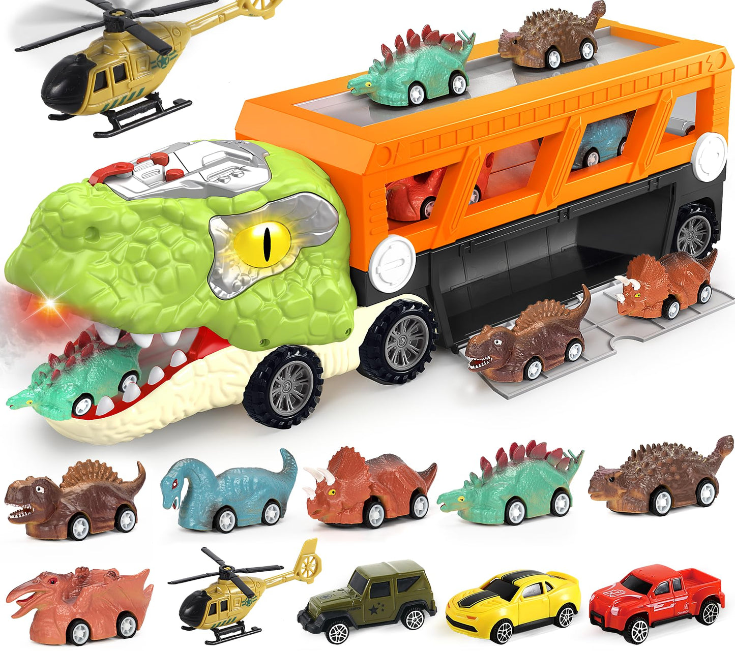 Officygnet 11-in-1 Dinosaur Carrier Truck with T-Rex Mist, Lights & 10 Mini Cars
