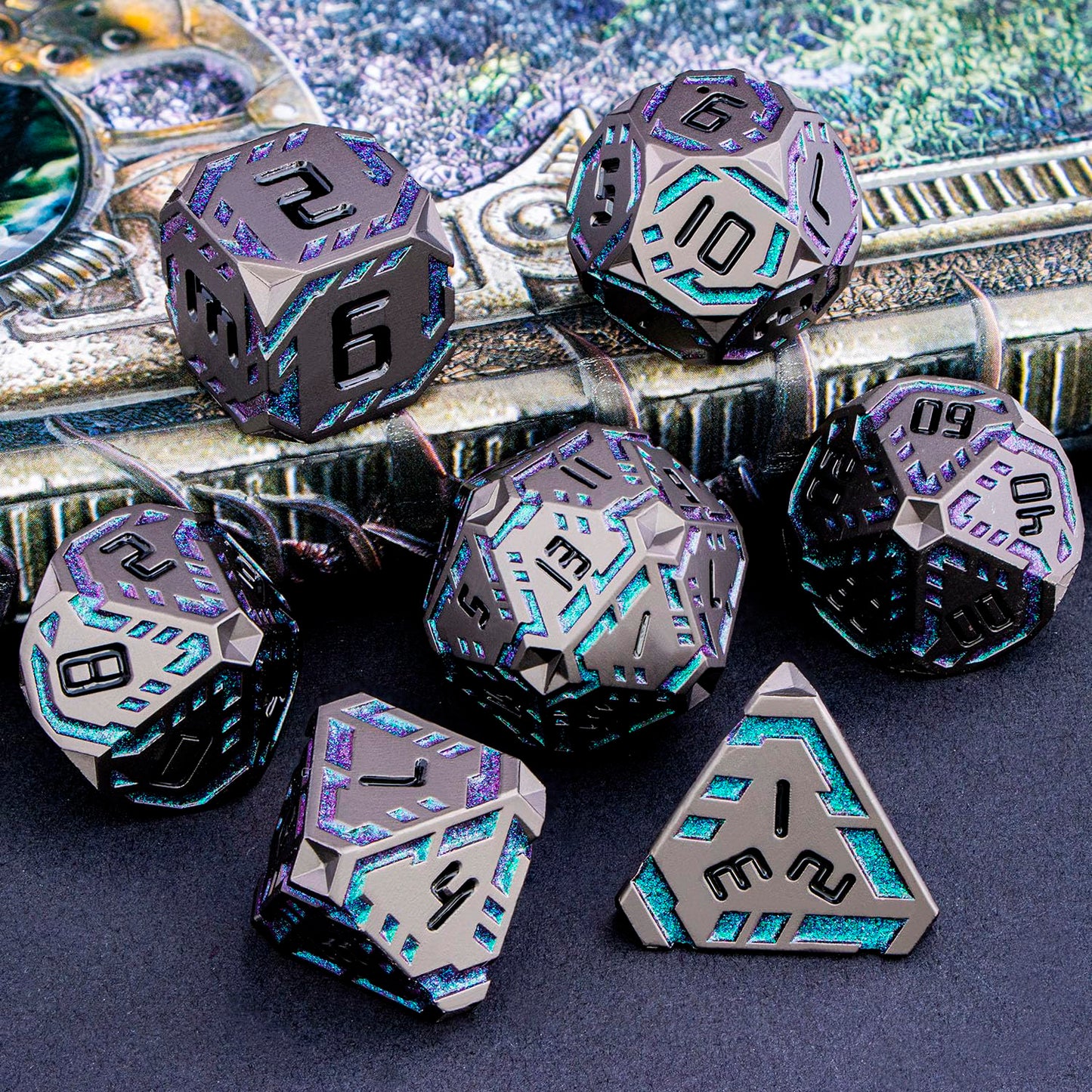 OGCOPHEN Metal DND Dice Set – 7-Piece Stripe Polyhedral Dice in Gift Box