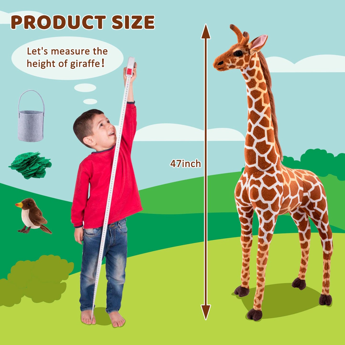 OHKIDS 47” Giant Giraffe Stuffed Animal Set – Tall Plush Giraffe with Bird, Leaves & Basket