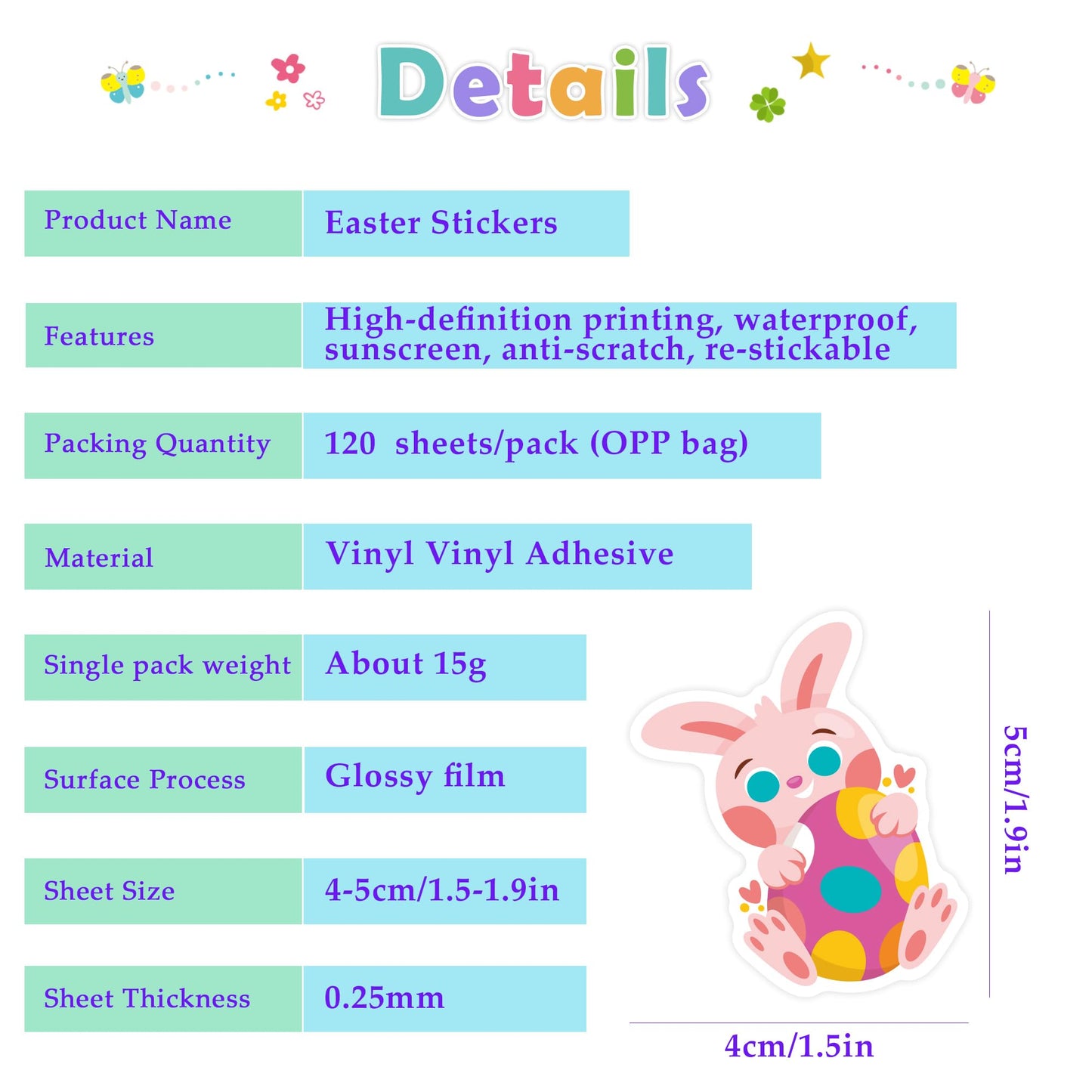 OHOME Easter Stickers – 120 Pcs Egg & Bunny Vinyl Stickers for Kids’ Crafts, Gifts & Party Favors