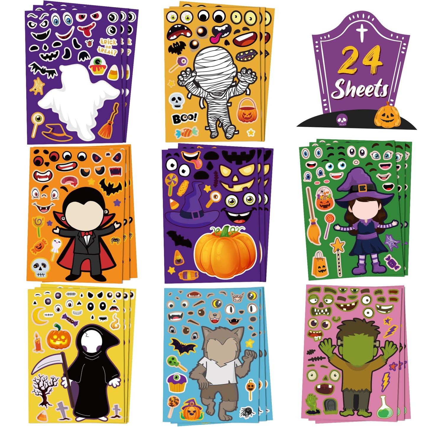 OHOME Halloween Party Favors – 24 Sheets of DIY Kids Stickers (8 Designs)
