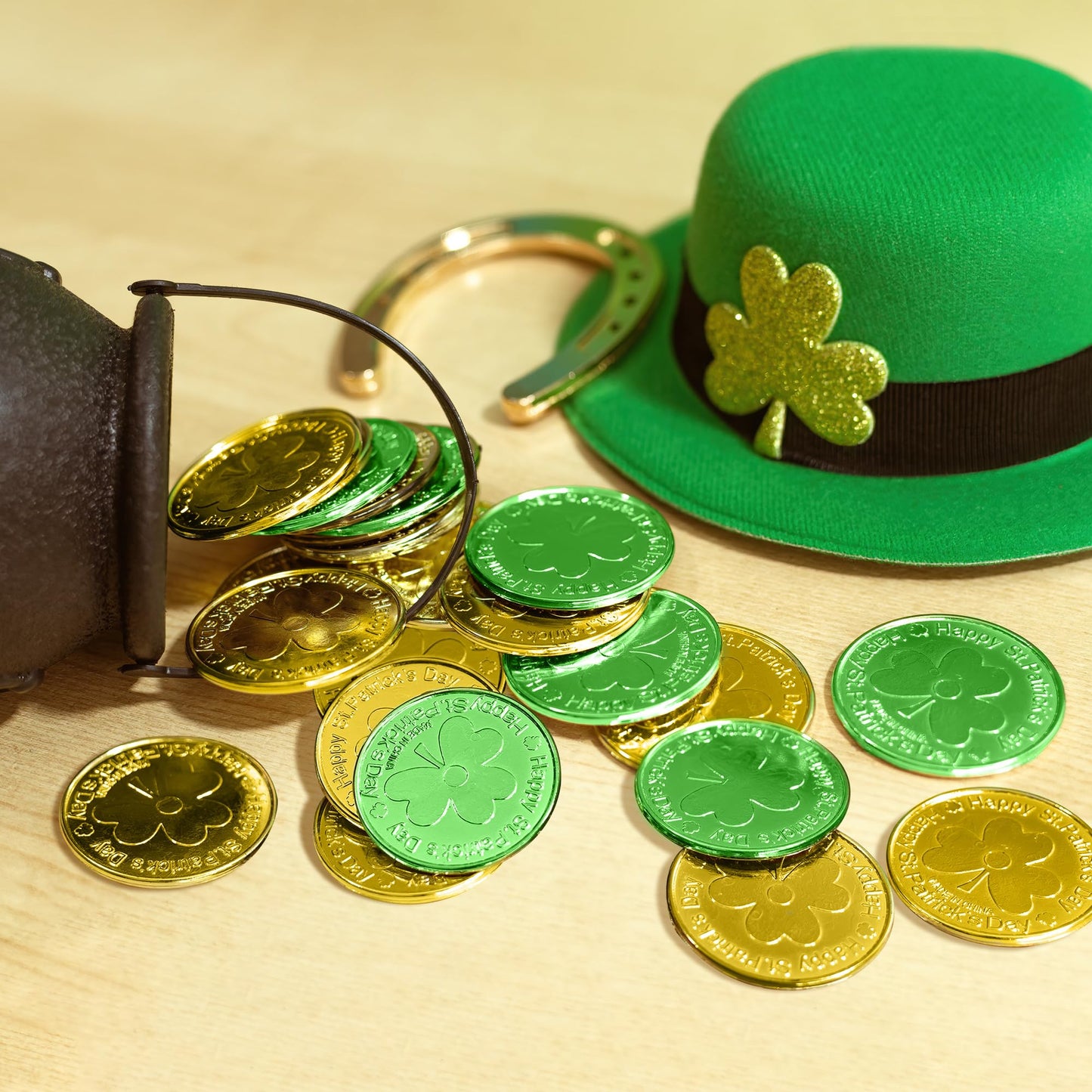 OHOME Gold Shamrock Coins – 120 Pieces | St Patrick's Day Decor & Party Favors (Green & Gold)