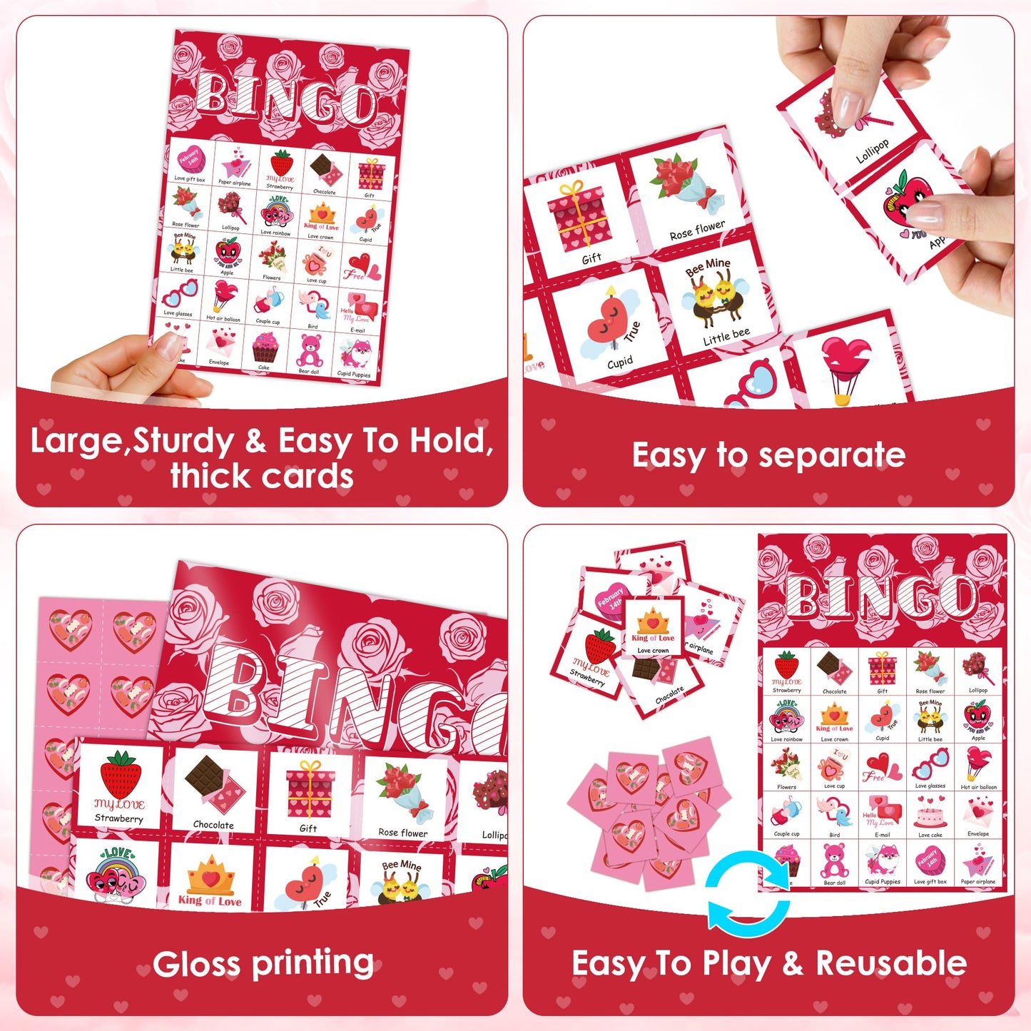 OHOME Valentines Bingo Cards for Kids – 24-Player Classroom Valentines Day Activities