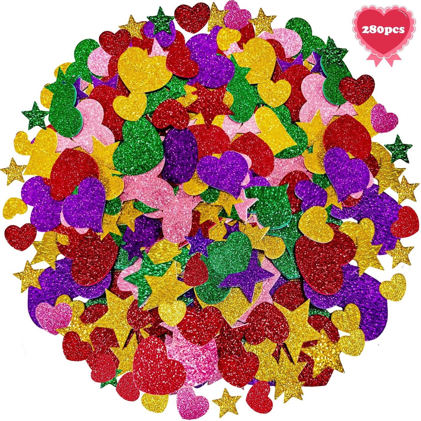 OHOME Valentines Party Favors – 280 Glitter Foam Hearts & Stars Stickers for Kids