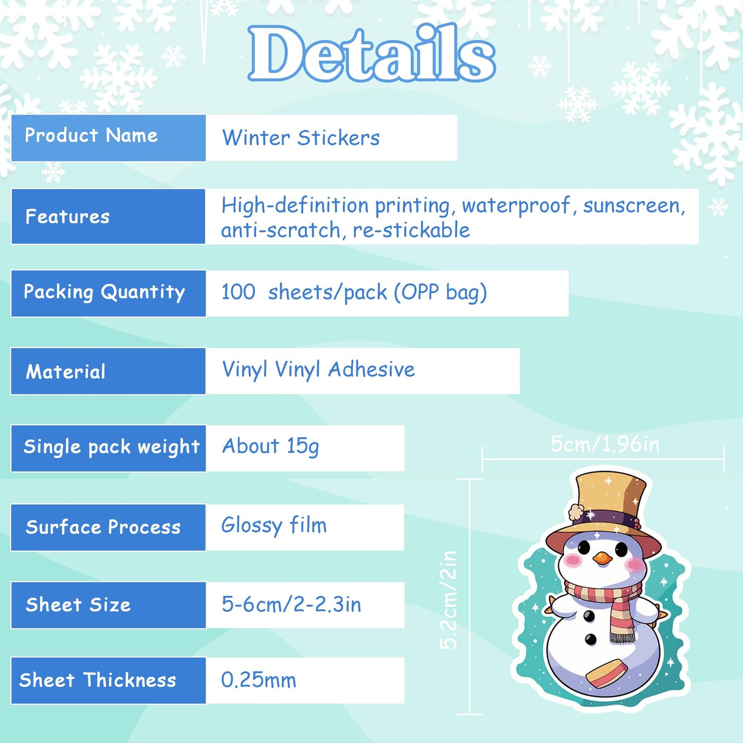 OHOME Winter Stickers | 100 Pcs Snowflake Vinyl Stickers for Kids – Classroom & Home Decor, Party Favors
