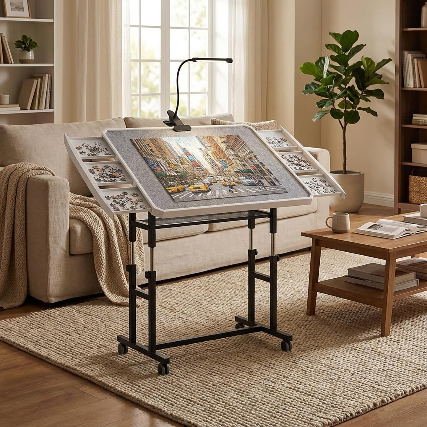 OIRBOEUS 1500-Piece Puzzle Table — Adjustable Height, Tilting Board, 6 Drawers, Cover, Wheels (35x26)