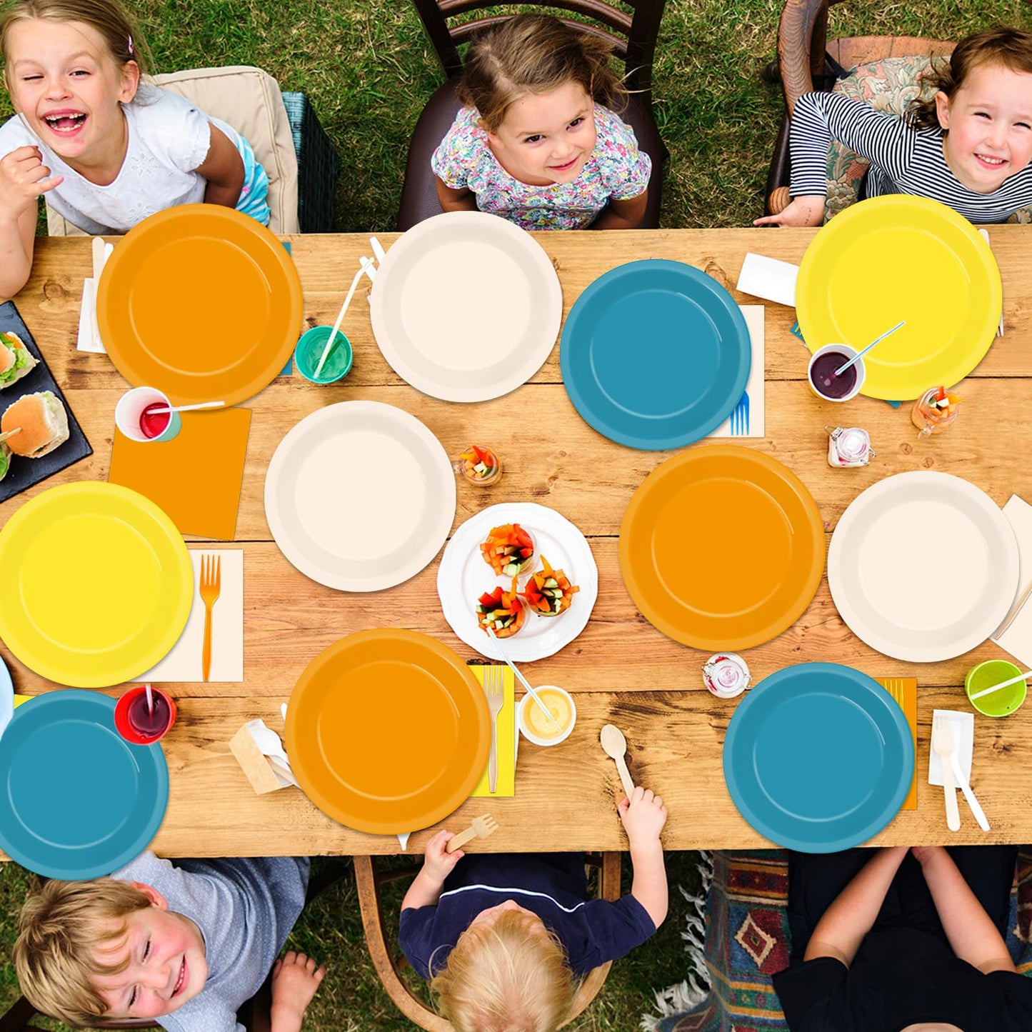 Oitnlaughter 96PCS Boho Sun Party Plates & Napkins – Blue Orange Mustard Yellow Disposable Set for 24 Guests
