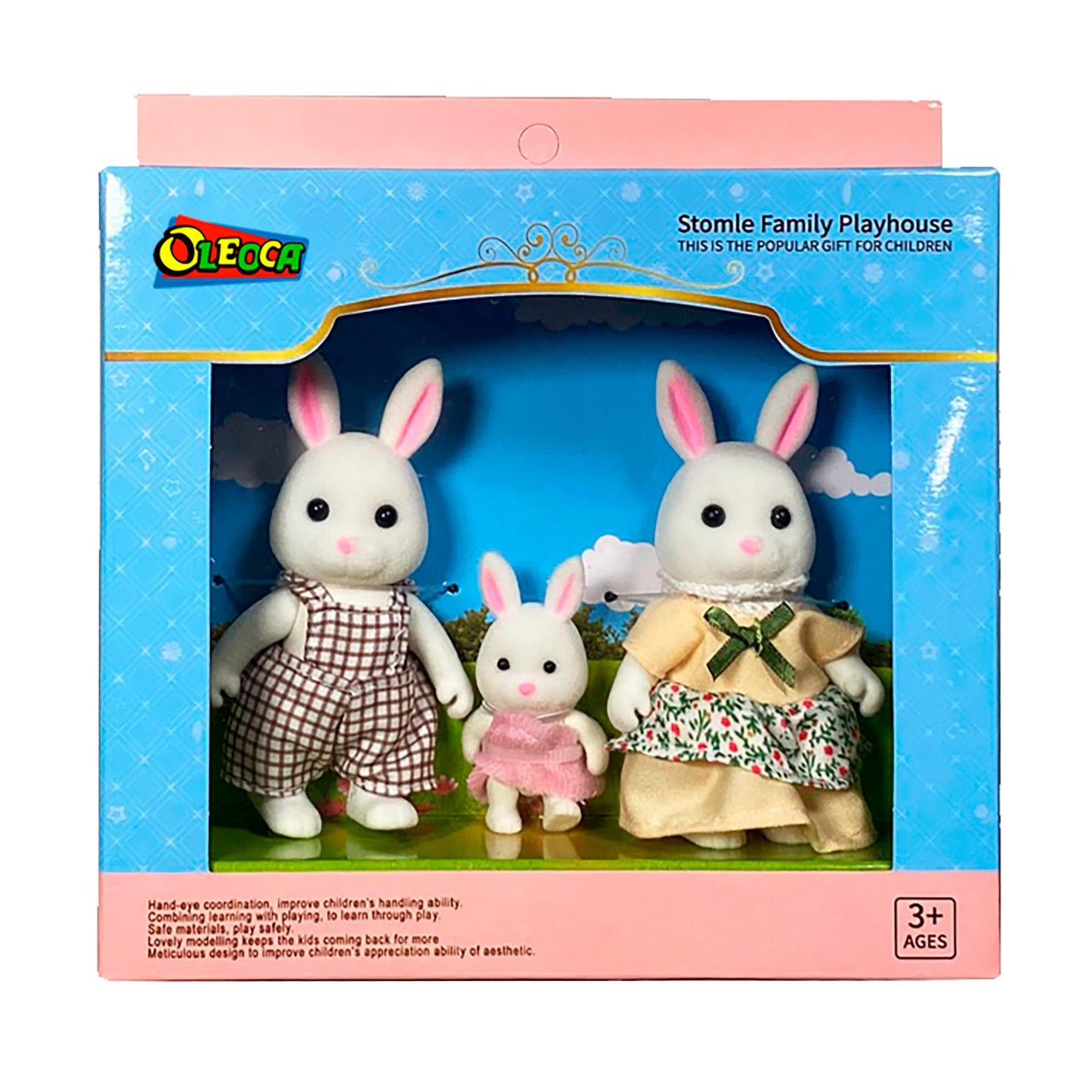 OLEOCA Cloverlane Family White Rabbit Figures — 3-Pack Flocked Mini Dolls with Removable Clothes