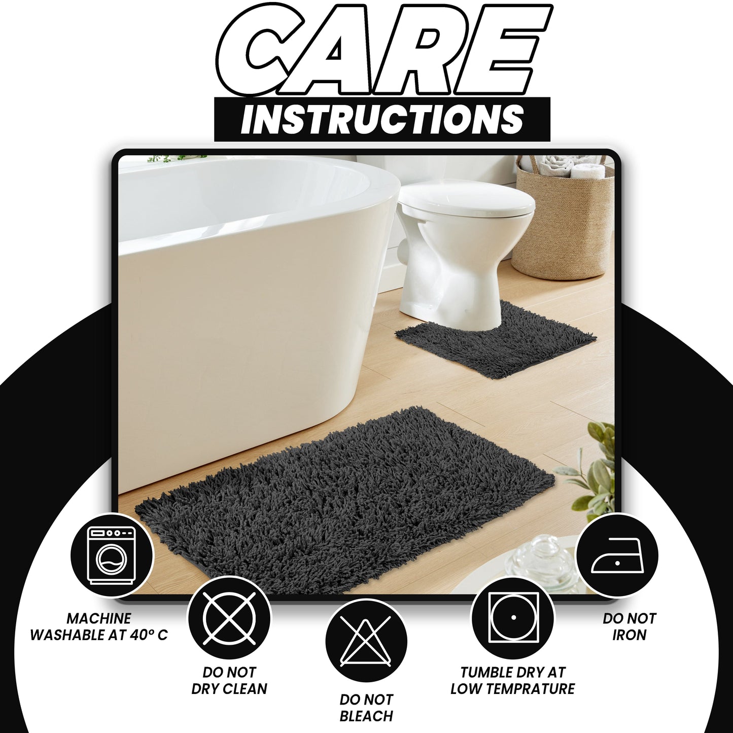 OLIVIA ROCCO Como 2 Piece Black Bath Mat And Pedestal Set Non Slip 100% Cotton Super Soft Easy-Care Home Essential