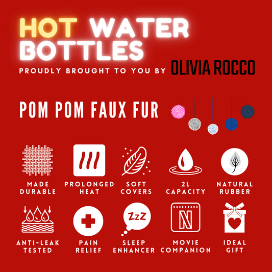 OLIVIA ROCCO Hot Water Bottle 2L With Faux Fur Pom Pom Cover Soft Plush Natural Rubber UK