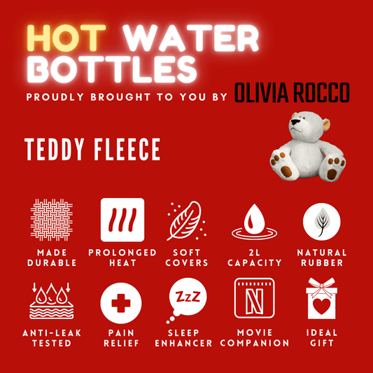 OLIVIA ROCCO Teddy Fleece Hot Water Bottle With Pocket Hand Warmer 2L Natural Rubber UK