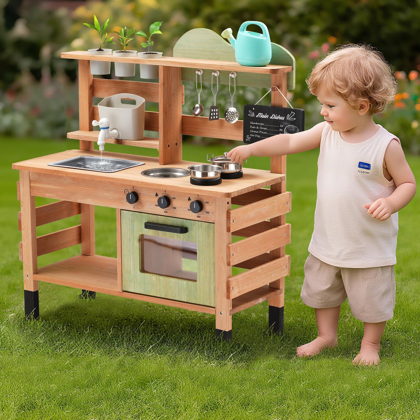 OLLIKIVI Outdoor Play Kitchen for Kids | Wooden Mud Kitchen with Removable Sink & Chalkboard