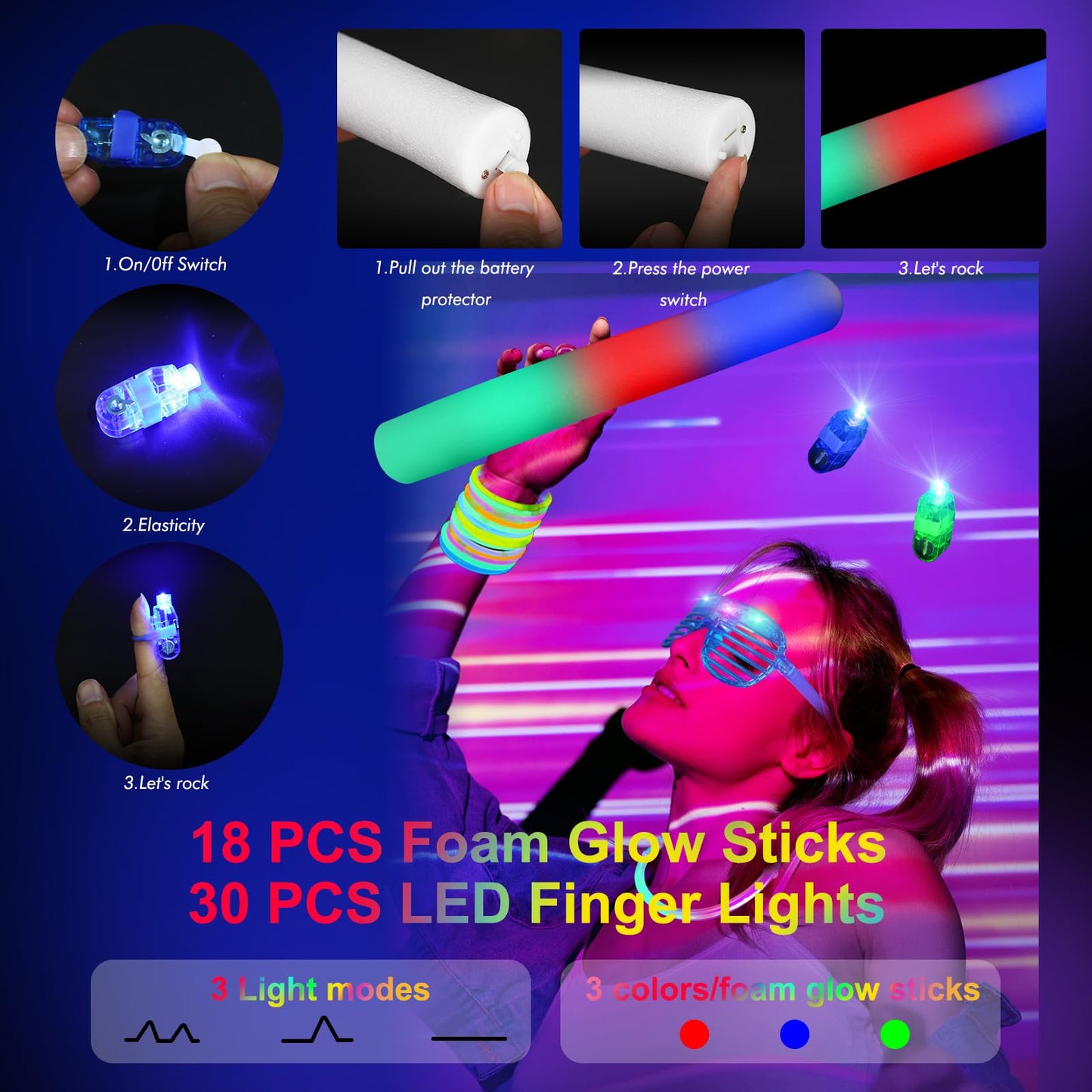 OLUPP 282 PCS Glow in the Dark Party Supplies — LED Glasses, Foam Sticks & Headbands