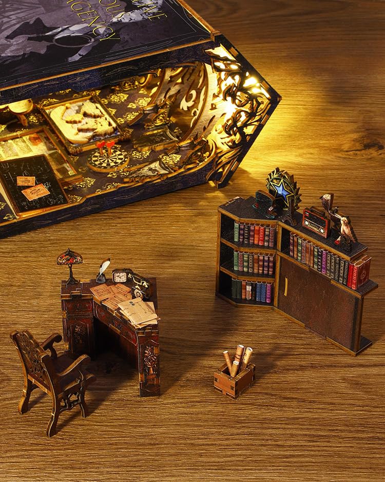 OMEPEA DIY Book Nook Kit Decor with LED – 3D Wooden Puzzle & Detective Diorama