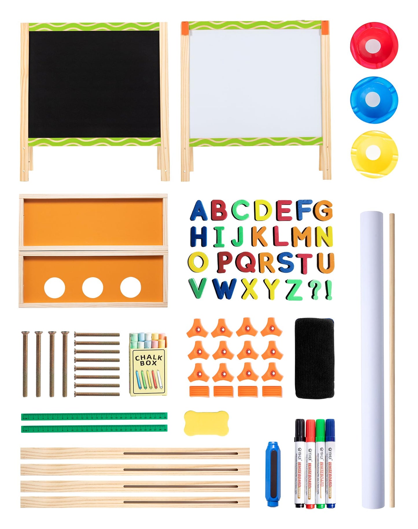 OMOTIYA Kids Easel 3-1: Adjustable Wooden Art Easel with Double-Sided Whiteboard & Chalkboard + Paper Roll (Ages 3–8)