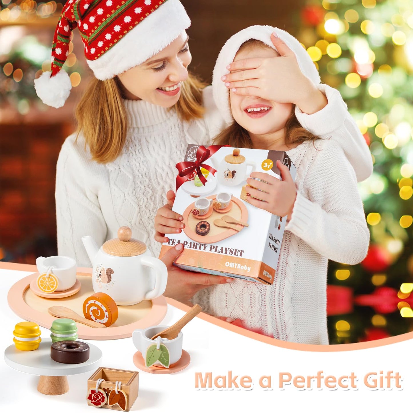 OMYbaby Wooden Tea Set – 19-Piece Pretend Play Kit for Girls, Ages 3+