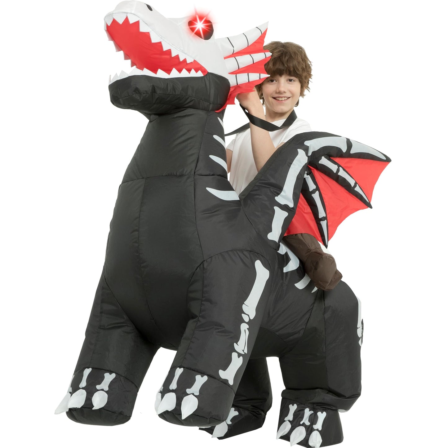 One Casa Inflatable Skeleton Dragon Costume for Kids (7-10Yrs) – LED Eyes, Ride-On Halloween Outfit