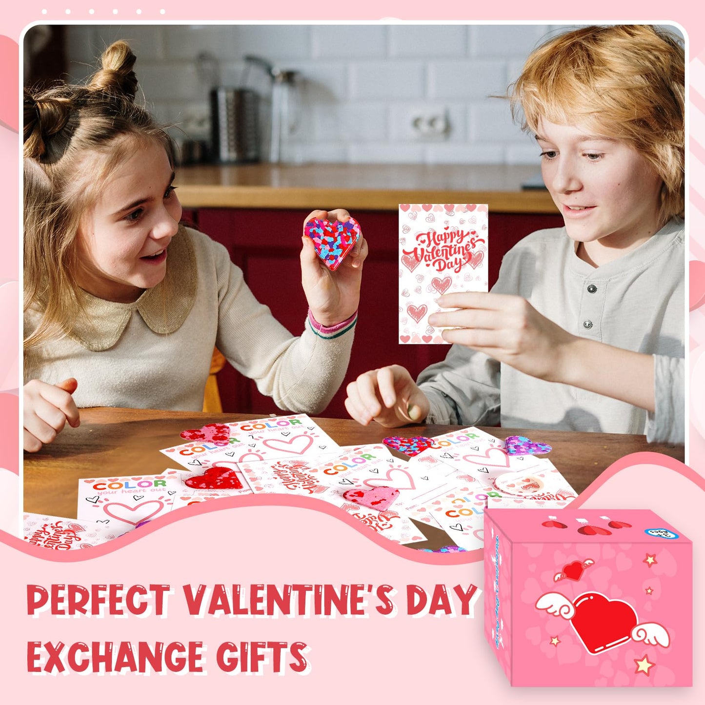 ONEHAUS 28Pcs Kids Valentines Cards with Crayon – Heart-Themed Classroom Gift Set