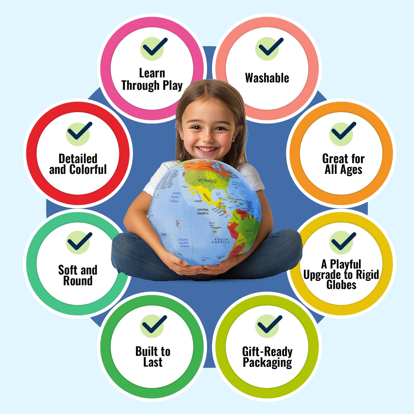 OneZa 12-inch Soft World Globe for Kids – Learn Geography with US States & Canada