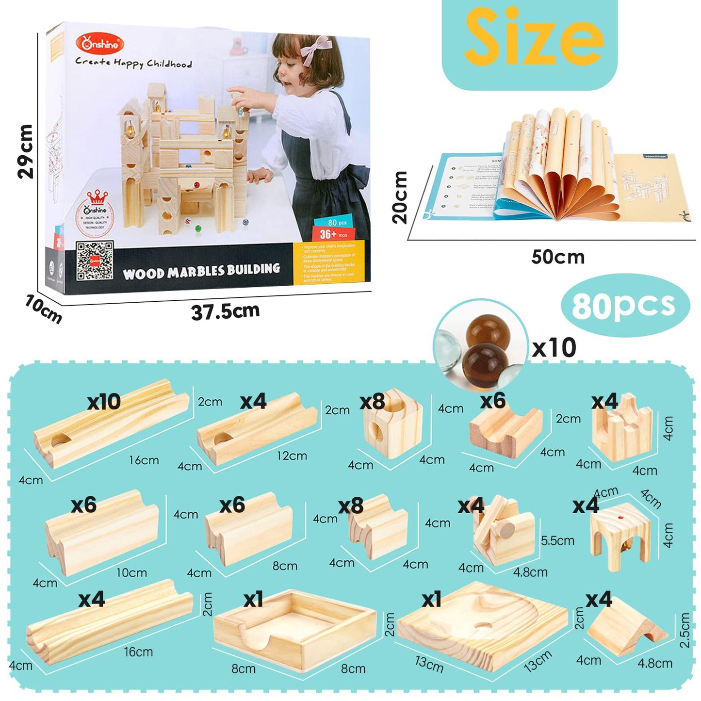 Onshine Wooden Marble Run – 80-Piece STEM Block Set for Kids Aged 4-8