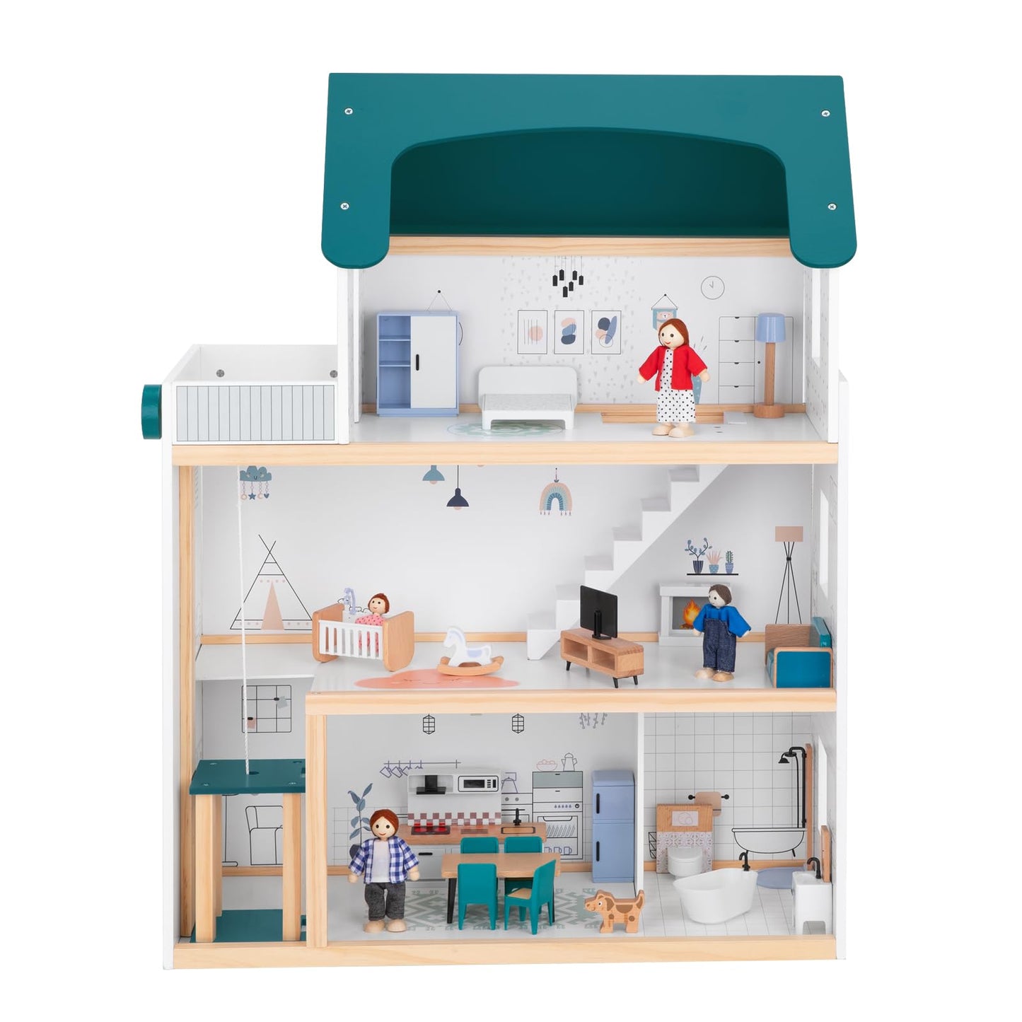OOOK Wooden Dollhouse with Liftable Elevator — 2.6 ft Modern Playset (21 Furniture Pieces, 4 Dolls, 1 Pet)