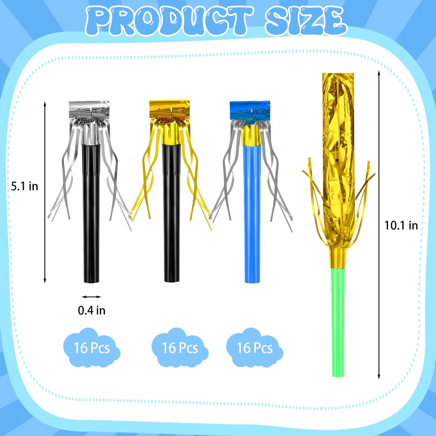 Openfly 48Pcs New Year Noise Makers – Multicolored Fringe Party Blowouts for Celebrations
