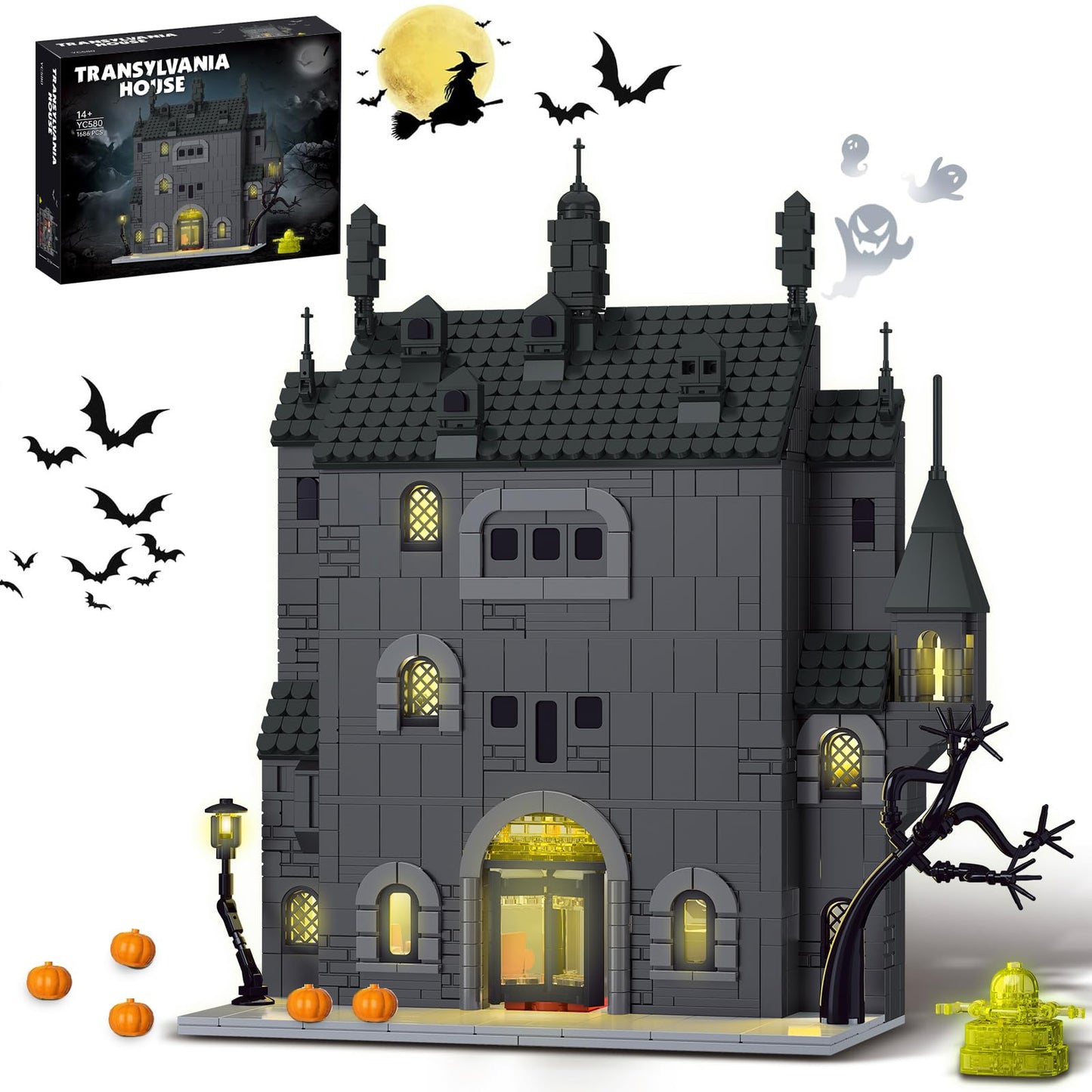 OQMI Haunted House Building Set with Lights — 1686 Pcs, Lego Compatible