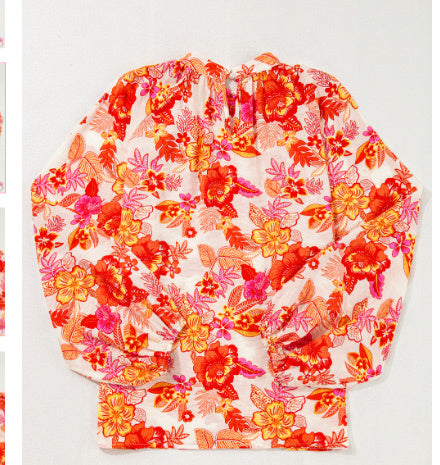Orange Floral Prined Puff Sleeve Blouse