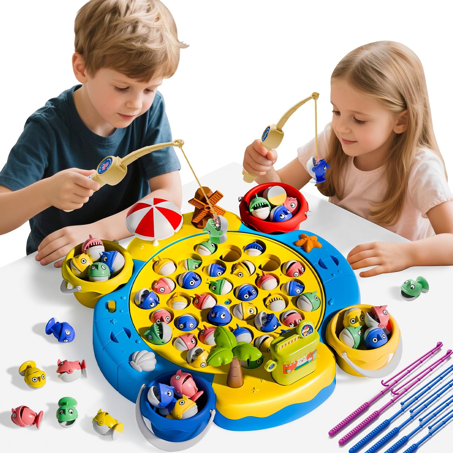 ORANGE OCEAN 66 PCS Magnetic Fishing Game for Kids – 1-8 Players, 360° Rotation