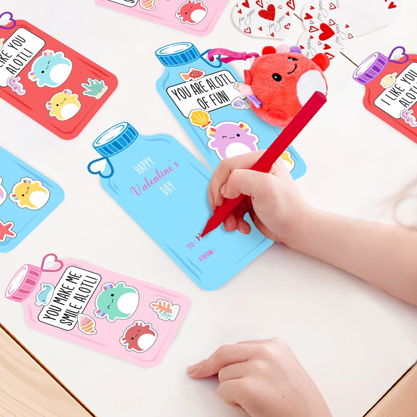 ORIENTAL CHERRY: 24 Axolotl Plush Keychains with Valentine Cards for Kids