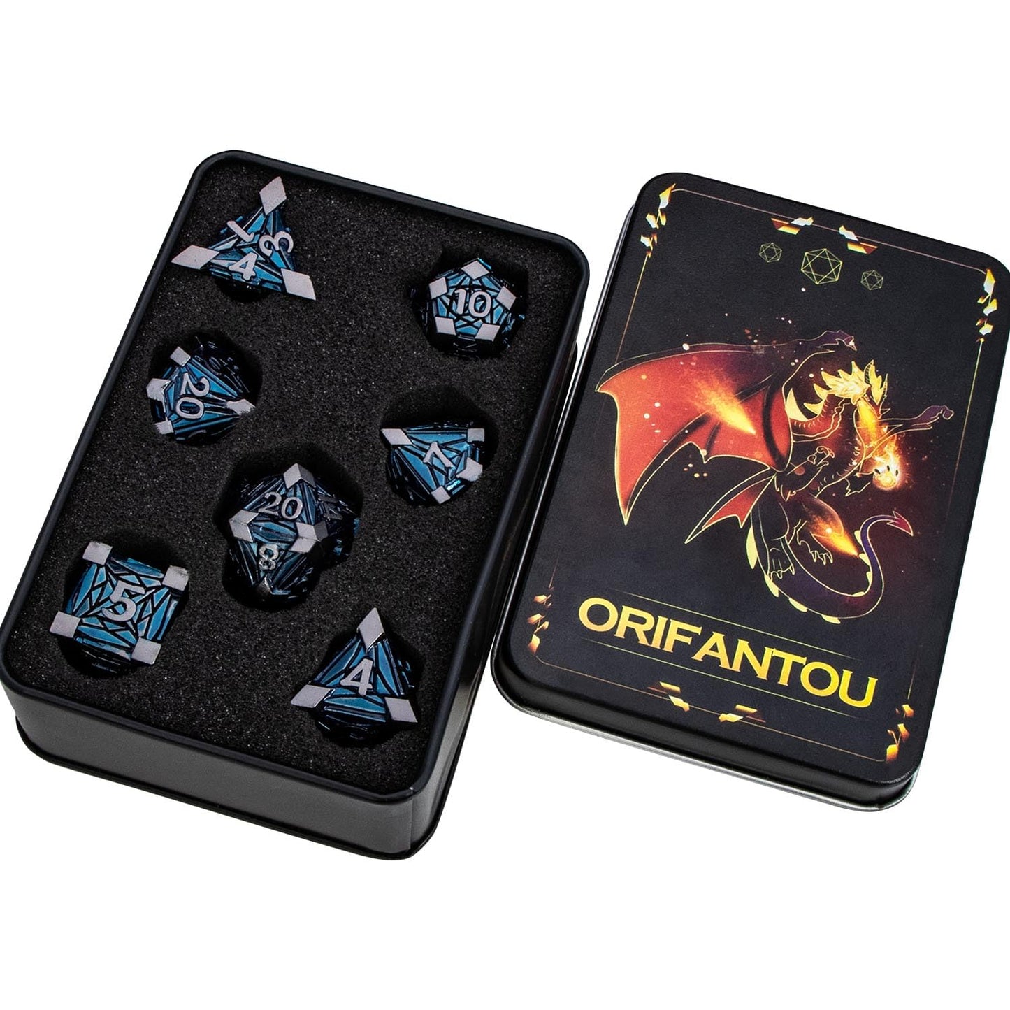 ORIFANTOU 7-Piece Metal DND Dice Set with Box | Crystal Shards Theme D20–D4