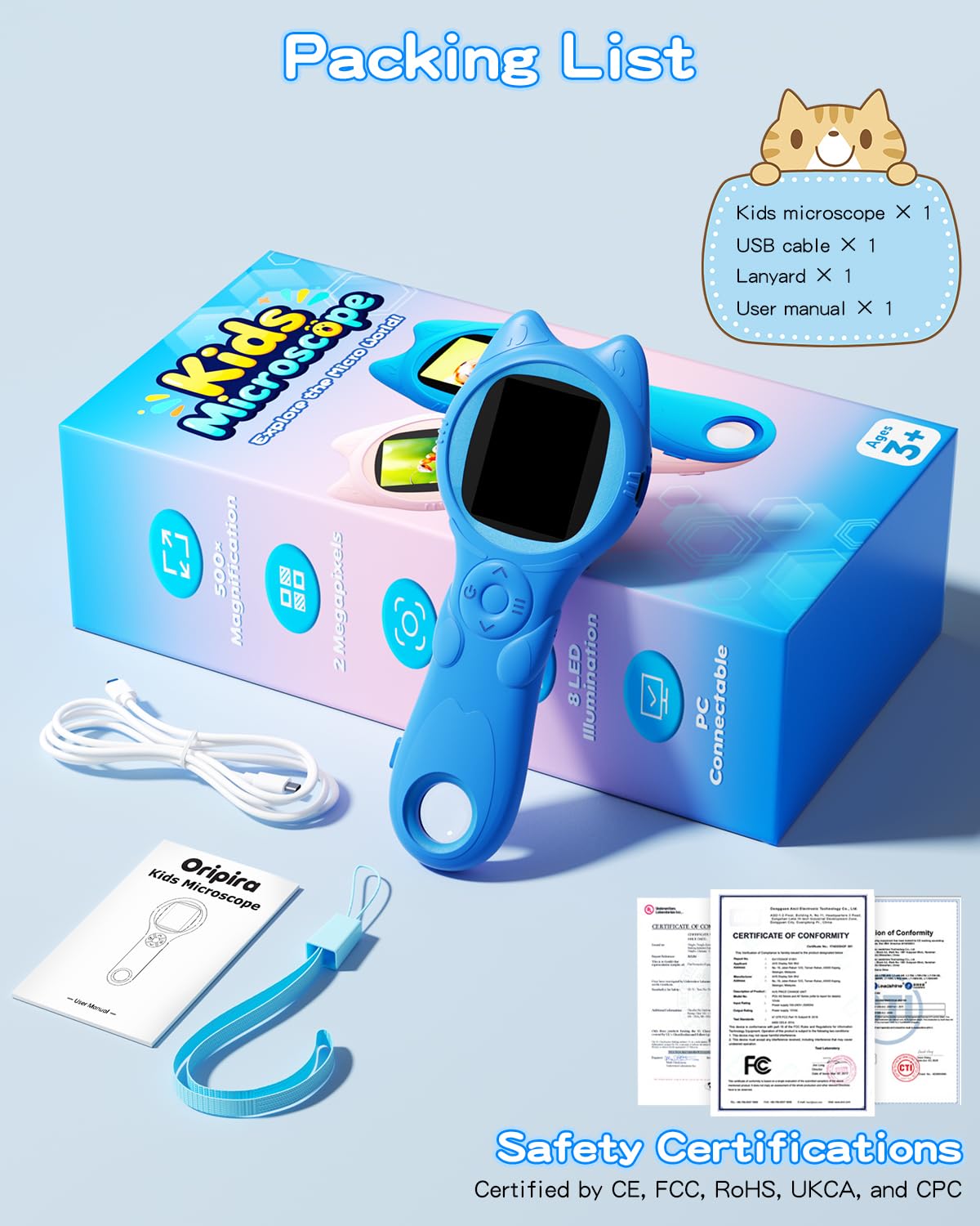 Oripira Kids Handheld Microscope – 100x-500x Autofocus, 1080P Display, Portable Blue Miniscope